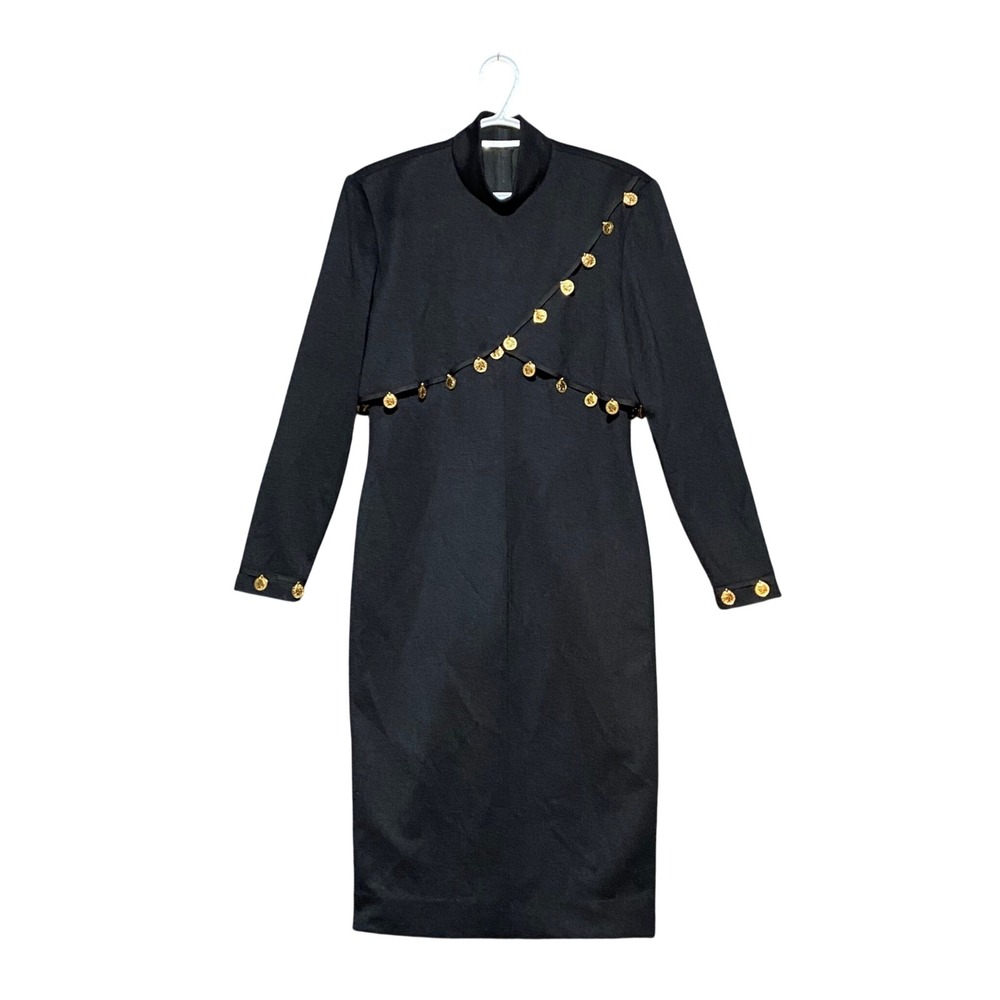 Vintage Caron Chicago Black Mock Neck Midi Dress Gold Coin Charms Size 8